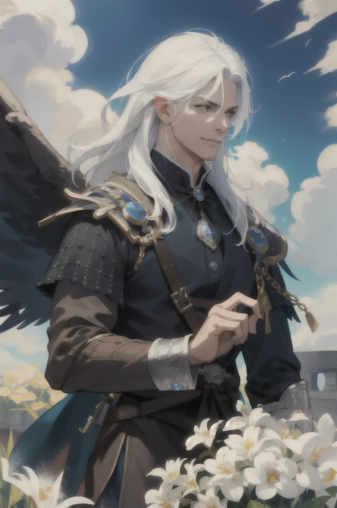 (absurdres, highres, ultra detailed), 1 male, mature, manly, tall muscular, handsome, finely detailed eyes, intricate details, portrait, (bloody scars:0.7), looking down, solo, half shot, undetailed background, (victorian theme:1.1), determined smile, battle cleric, hovering in air, bright clouds, floating scraps, fighting stance, color chain mail, divine smite, bright realistic lighting,hair blowing in wind, white eyes, white hair