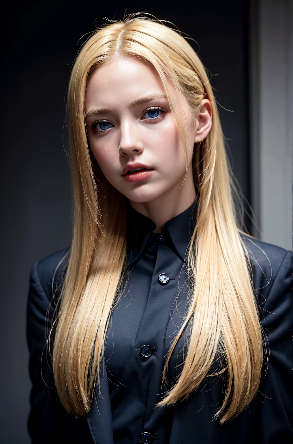 Best quality, masterpiece, ultra high res, (photorealistic:1.4), raw photo, 1girl, blonde hair, blue eyes, detailed eyes and face, black suit, dynamic lighting, in the dark, deep shadow, low key, cowboy shot full-lenght body