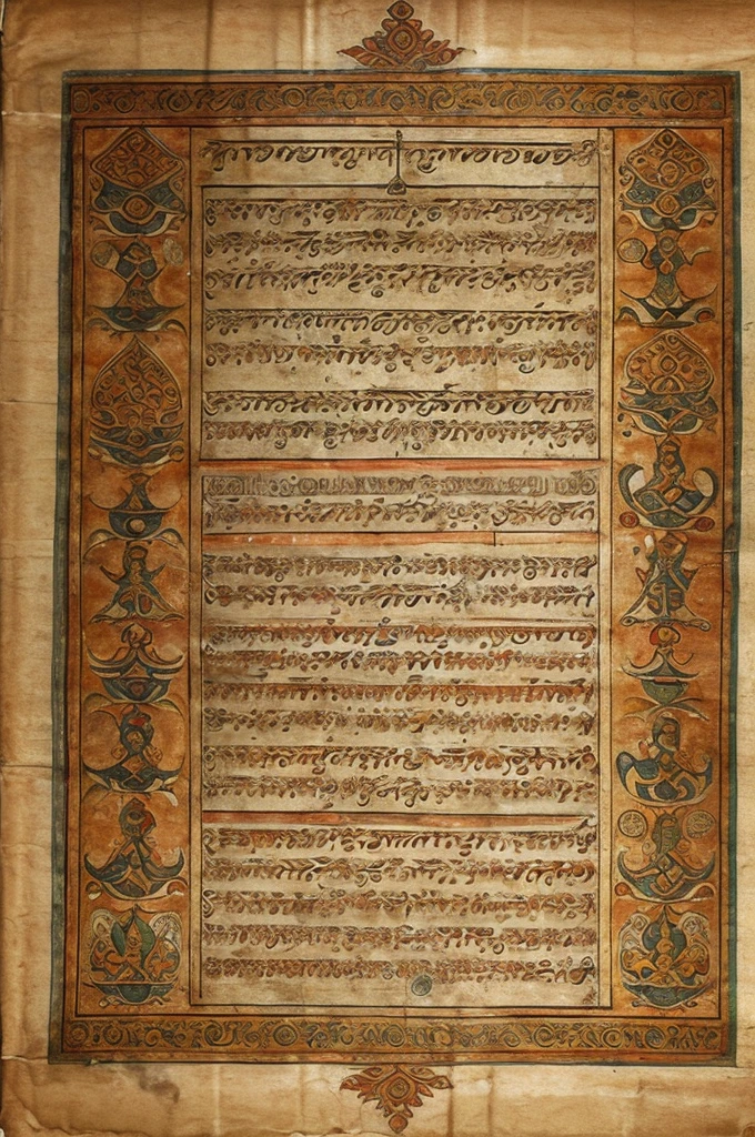 A scroll or ancient manuscript with Sanskrit inscriptions, symbolizing Chanakya's wisdom and historical significance.