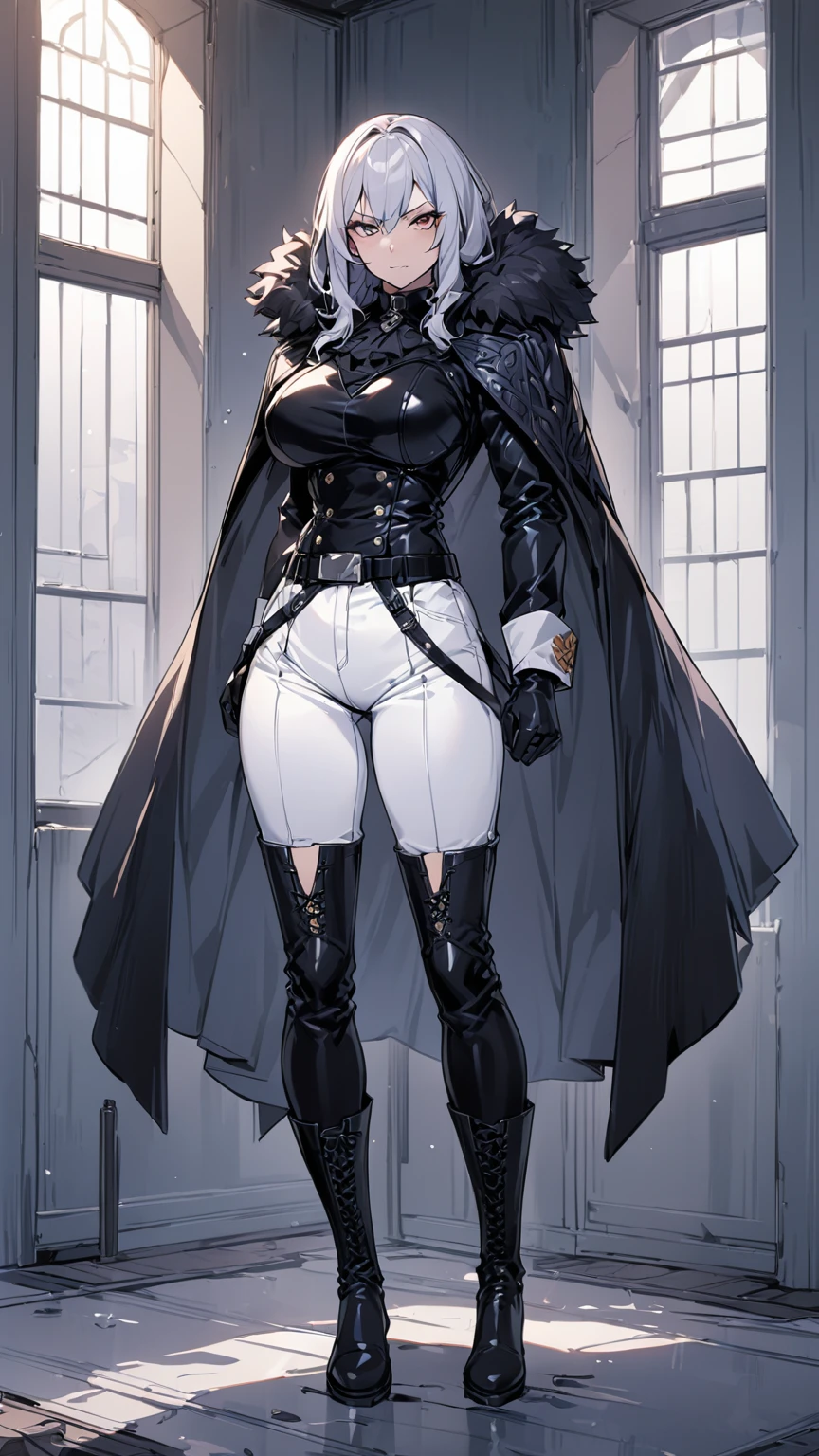 Mature female,adult,milf,  mature, 30 years old,woman,((solo)),(1girl),standing, full body, authority, leather outfit, dominant, (muscular), long sleeves, black gloves, double-breasted, (black knee-high boots:1.4), (white pants:1.2),devious, seductive, evil, confident,belt, cape, standing, bedroom, military uniform, looking at viewer, clean floor,empty room,large windows,guard,warden,queen,commander, (smirk:0.33),tall,deadpan,