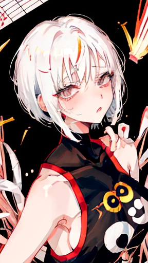 (manga style,comic style:1.2),bedroom,white hair, short hair, Black clothes that show your body line, , orgasmic expression, intense pleasure,blinking lights,exposed breasts,facial flush,heavy breathing,convulsions, small breasts,solo masturbation, Climax of pleasure, acumen
