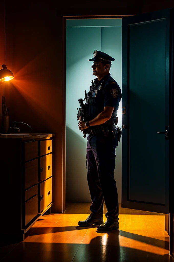 Policeman in background in dark room with orange light