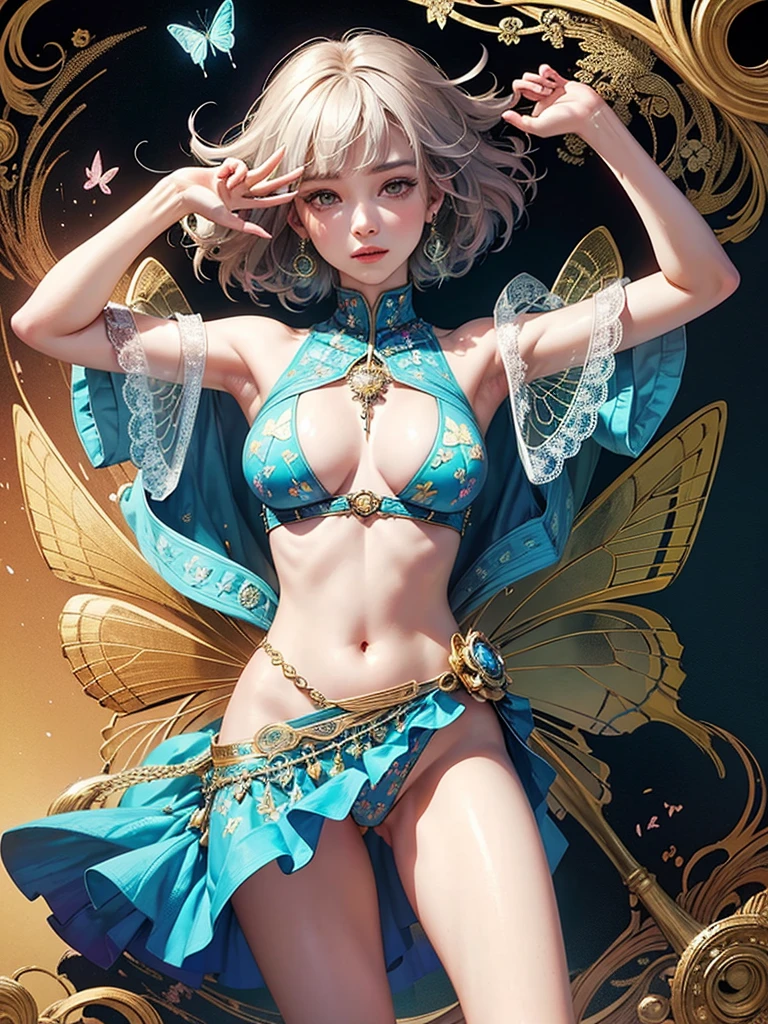 official art, unity 8k wallpaper, ultra detailed, beautiful and aesthetic, masterpiece, best quality, (zentangle, mandala, tangle, entangle), (fractal art:1.3) , 1girl, extremely detailed, dynamic angle, cowboyshot, the most beautiful form of chaos, elegant, a brutalist designed, vivid colours, romanticism, by james jean, roby dwi antono, ross tran, francis bacon, michal mraz, adrian ghenie, petra cortright, gerhard richter, takato yamamoto, ashley wood, atmospheric, ecstasy of musical notes, streaming musical notes visible. (masterpiece, top quality, best quality, official art, beautiful and aesthetic:1.2), (1girl:1.3), extremely detailed,(crotch tattoo), transparent top clothing, (fractal art:1.1),(colorful:1.1)(butterflies:1.3),highest detailed,(zentangle:1.2), full body, (abstract background:1.3), (shiny skin), (many colors:1.4), ,(earrings), best quality, ultra-detailed, super detailed skin, cute, extremely detailed, 8K, solo, single, dynamic angle, beautiful female, belly button, blash, smile, uncensored, motion, navel, croptop, two-tone hair color, HDR, wind, perfect hand, active, ART STYLE