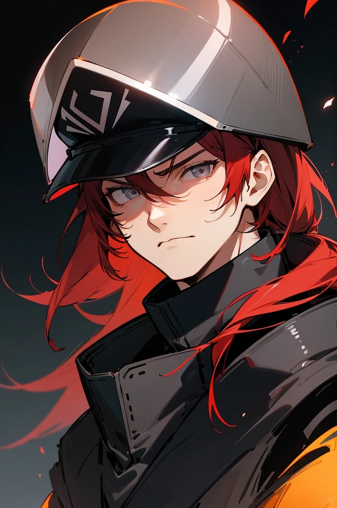(((1 Adult man, 40 years))), ((Red hair)), ((grey eyes)), black turtleneck, black pants, Black background, Large assembly, a pumped-up body, ((half of the body, portrait)), good anatomy, (Detailed eyes, Even the eyes), serious look, predatory look, serious expression, black jacket, dynamic pose, military, captain, military helmet, armor padding , shades on face