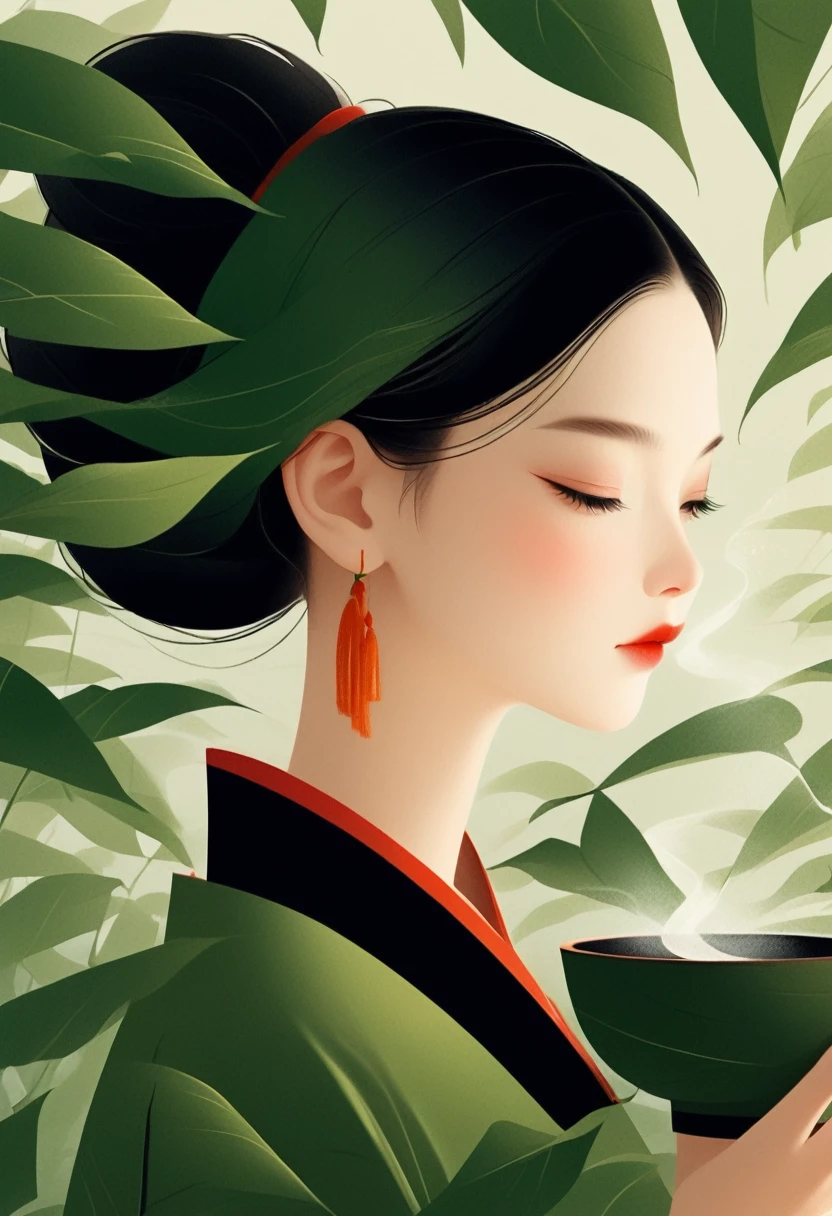 vector，Flat style，illustration，数字艺术illustration，1 girl，Unique，Black Hair，Pretty Face，portrait，Shoulder，Beautiful hands，it is，artistic conception，Abstract，The fragrance of Zongzi leaves