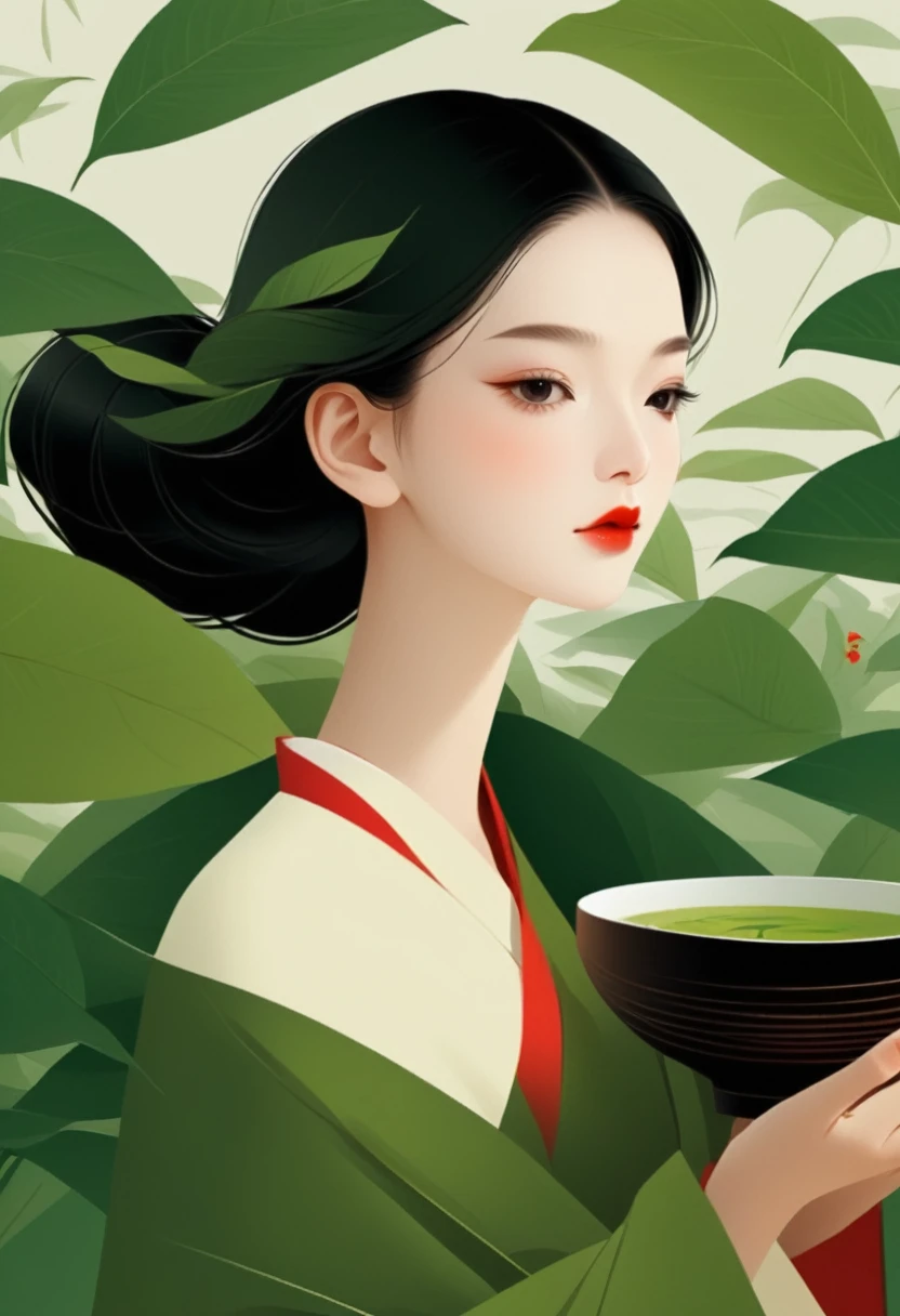 vector,Flat style,illustration,数字艺术illustration,1 girl,Unique,Black Hair,Pretty Face,portrait,Shoulder,Beautiful hands,it is,artistic conception,Abstract,The fragrance of Zongzi leaves