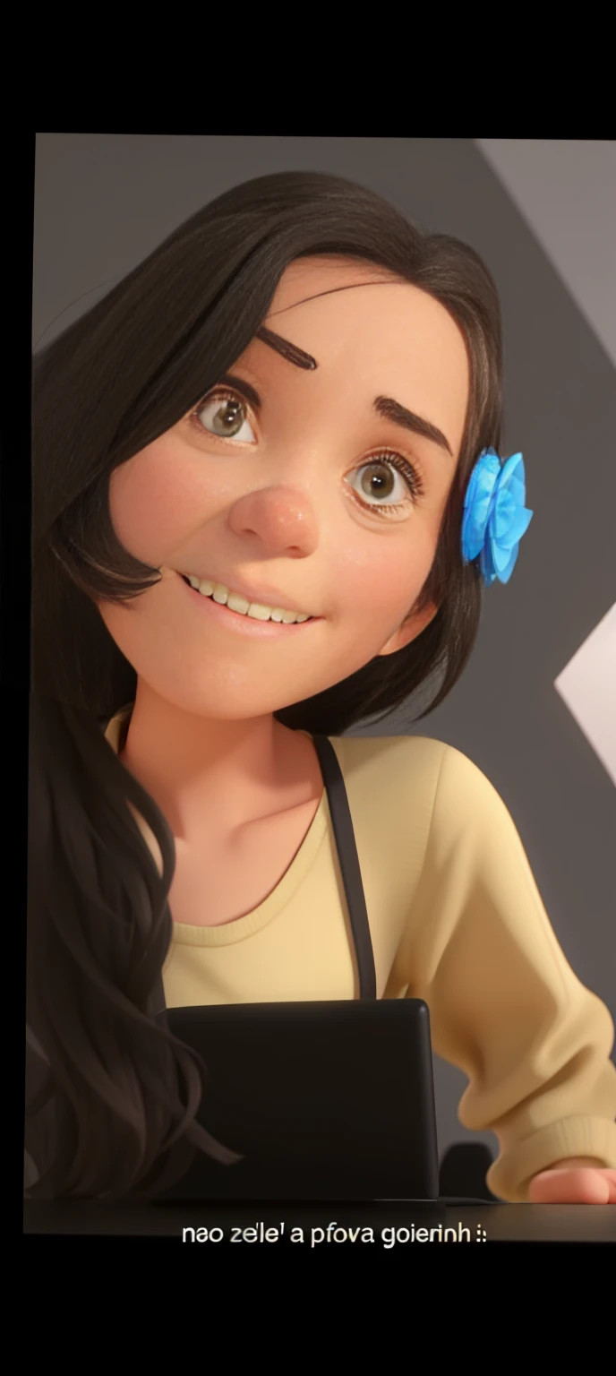 You work at PIXAR and here you will help me create characters for the film "Inside Out 2".

The character must be:
- Gender: Female - Hair: black, smooth and very long - Height: 1,82 - Emotion: anxiety -Character color: orange - Background color: neutral Make the character as similar to the film animation style as possible. It must not be a 2D drawing and the background must be neutral, highlighting the main color, and featuring only the main character, standing alone.