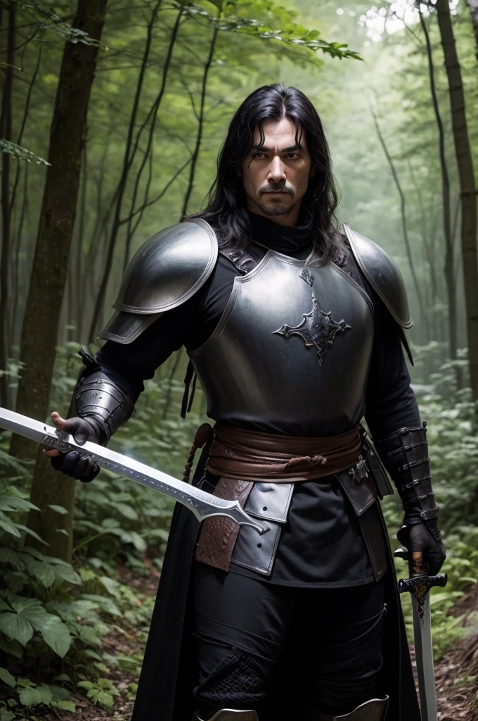 Retro dark fantasy 1970s man in black armor holding a large thick sword in a forest talking to a Ronin 