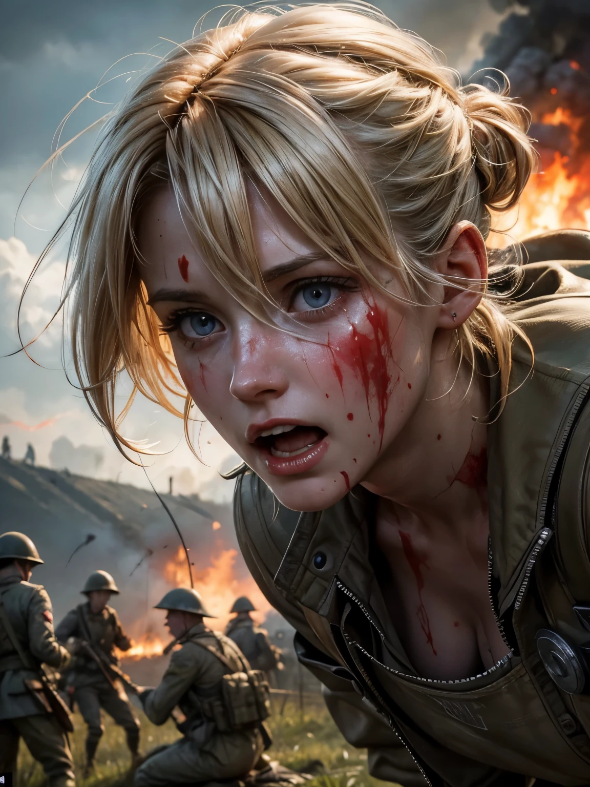 Helen Skelton, First World War, close-up action shot from ground level, naked British soldier, crazed expression, sweating, damp blonde hair, bloodied and bruised, barbed wire, on a bloody battlefield, explosions, fires