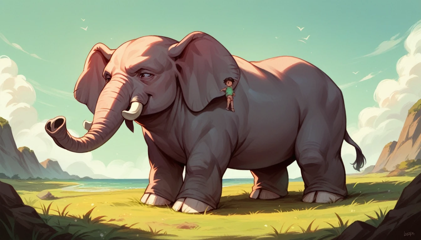 Children riding elephant on island illustration