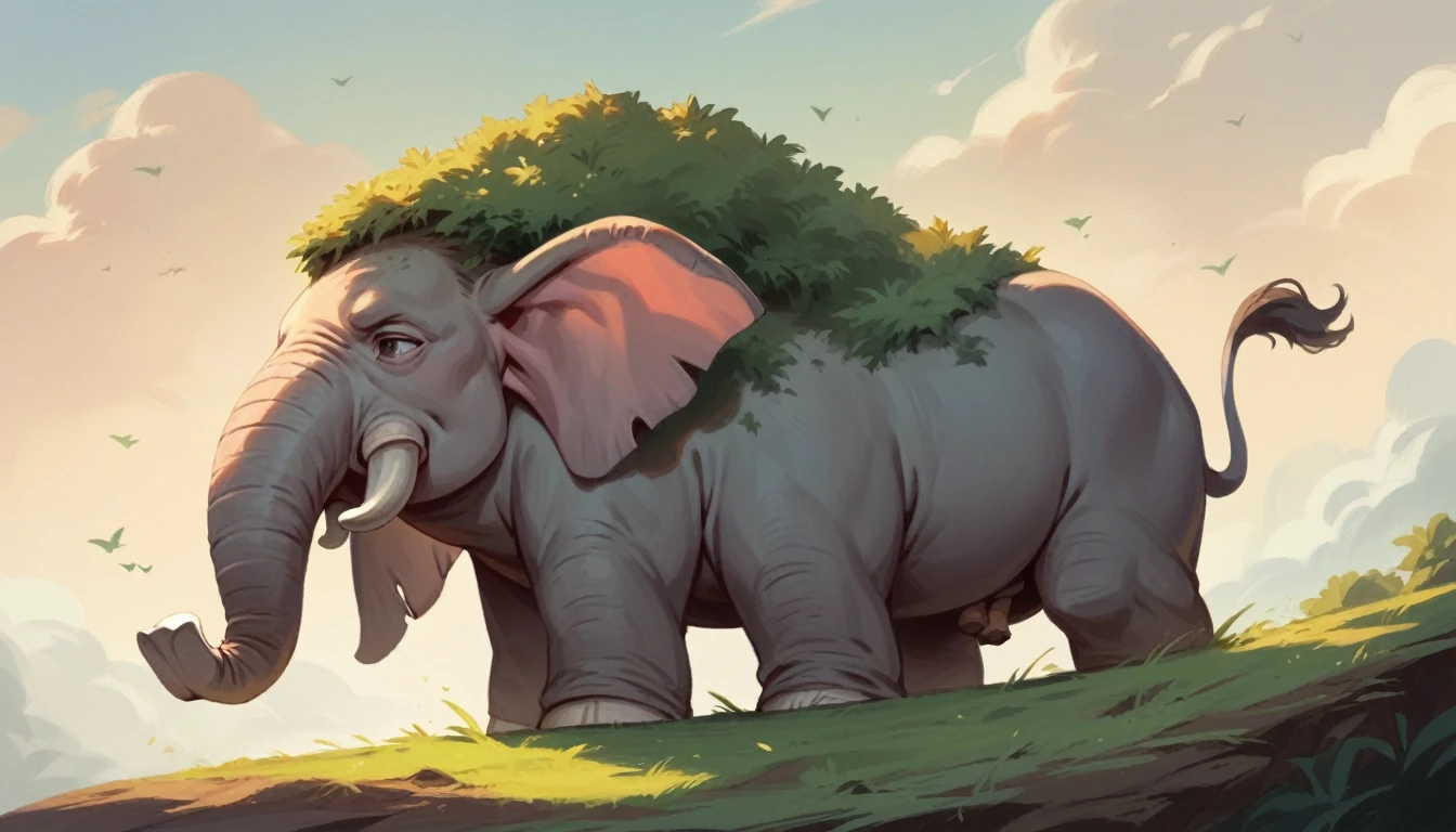 Children riding elephant on island illustration
