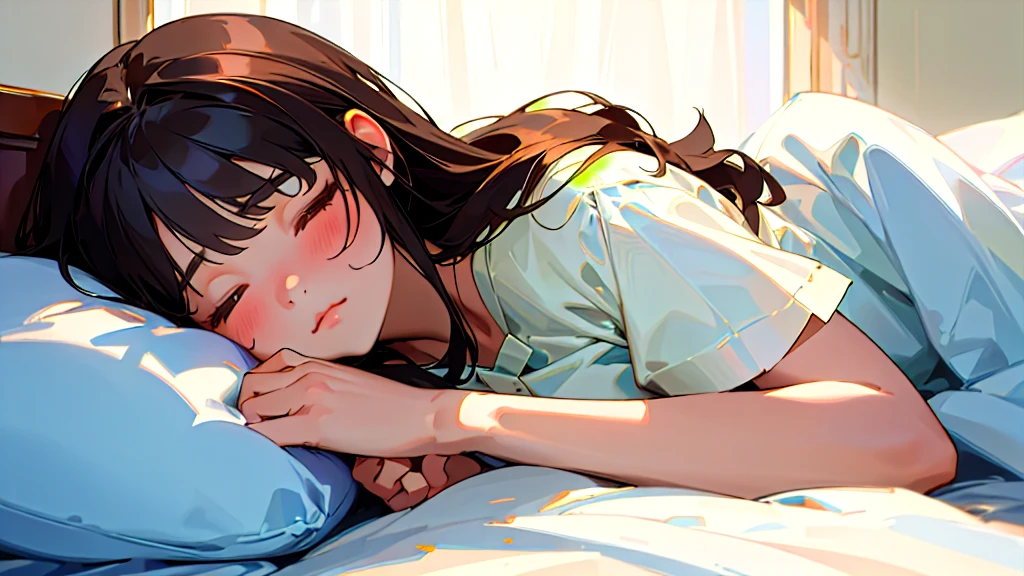 (Highest quality, masterpiece, Ultra-realistic), Beautiful and delicate15Year-old girl portrait,, The background is my bedroom at home.、Sleeping with a calm expression、Time is midnight、It's pitch black in the room.、It's raining outside、Rainy season、It's dark outside