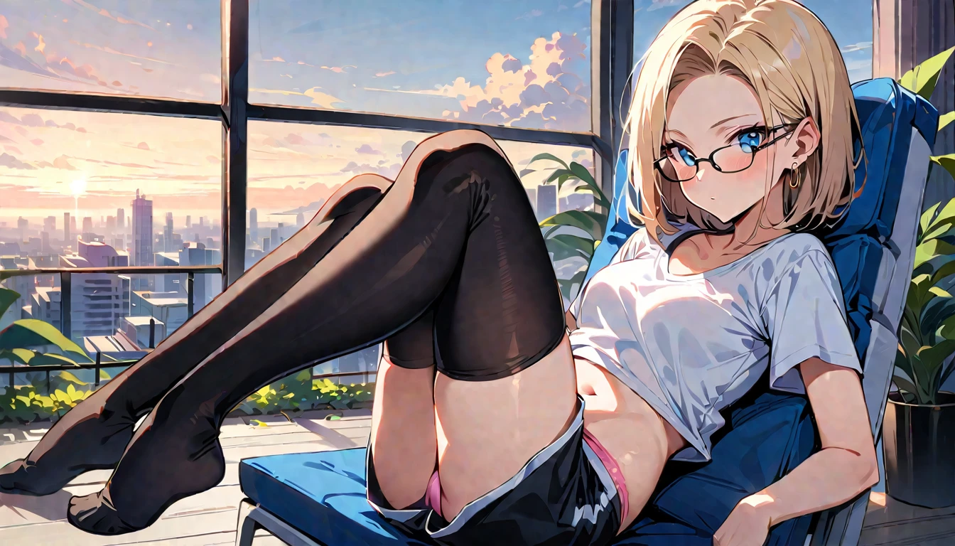 (masterpiece, best quality:1.2), solo, Android 18 from Dragon Ball, ((light gray baggy crop T-shirt, short sleeve, black thin thigh highs, knees up, beautiful butt, light gray dolphin shorts)), small breasts, short blonde hair loose, ((blue eyes)), (wearing glasses), earrings on earlobes, slender feminine figure, skinny body, cleavage, light blush, chill, organized, simple, white-based interior, a few plants, cloudy sky, terrace, magnificent view, blur background, 4K, on the cute chair, (pale blue chair), pink strings of thong underwear slightly visible, midriff-baring, pantyshot,