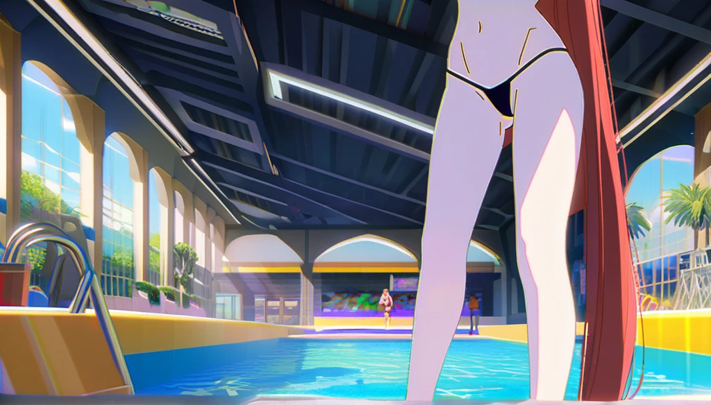 ((Anime Infinite Stratos nfsw Art, 8k, Very detailed)), The theme is pool party.  It's daytime.  The setting is a pool club, there are several pools, several people(multiple:1.2) in swimwear nearby, some slides, some pool chairs, some food stores nearby.  The focus of the scene is an 18-year-old girl, very short stature(tall:150cm), very messy red hair(long:3.1), beautiful and slightly rounded face, purple eyes(bright:1.9), white redhead skin, black tattoo(large:1.9) of flowers completely covering the left buttock extending to the left leg, narrow chest, flat breasts, thin waist, narrow hips, very fat and big round butt(big:2.3), thin round thighs(large:1.1), wears a pink short thong bikini, fragile behavior, walking around the scene, fullbody vision(far:1.1), makes the men on the scene crazy with lust.  The atmosphere is fun.  Everyone in setting having fun.