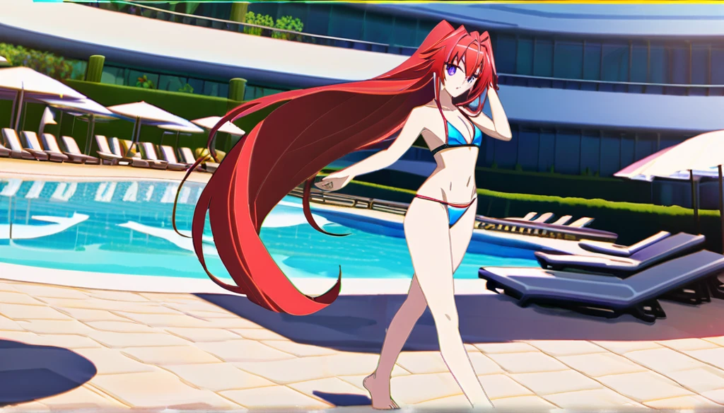 ((Anime Infinite Stratos nfsw Art, 8k, Very detailed)), The theme is pool party. It's daytime. The setting is a pool club, there are several pools, several people(multiple:1.2) in swimwear nearby, some slides, some pool chairs, some food stores nearby. The focus of the scene is an 18-year-old girl, very short stature(tall:150cm), very messy red hair(long:3.1), beautiful and slightly rounded face, purple eyes(bright:1.9), white redhead skin, black tattoo(large:1.9) of flowers completely covering the left buttock extending to the left leg, narrow chest, flat breasts, thin waist, narrow hips, very fat and big round butt(big:2.3), thin round thighs(large:1.1), wears a pink short thong bikini, fragile behavior, walking around the scene, fullbody vision(far:1.1), makes the men on the scene crazy with lust. The atmosphere is fun. Everyone in setting having fun.