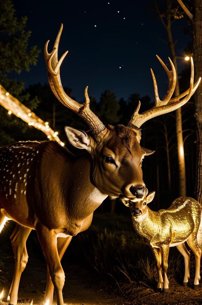 A deer big horns in night shining with golden sparkle