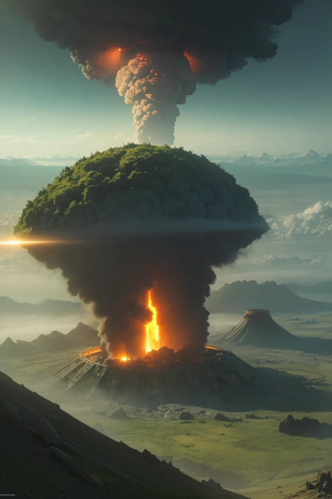 Create a post-apocalyptic scenario where there is a colossal crater, which is full of fog and smoke, green rays and MT radiation, think of the place as where a radioactive bomb fell 