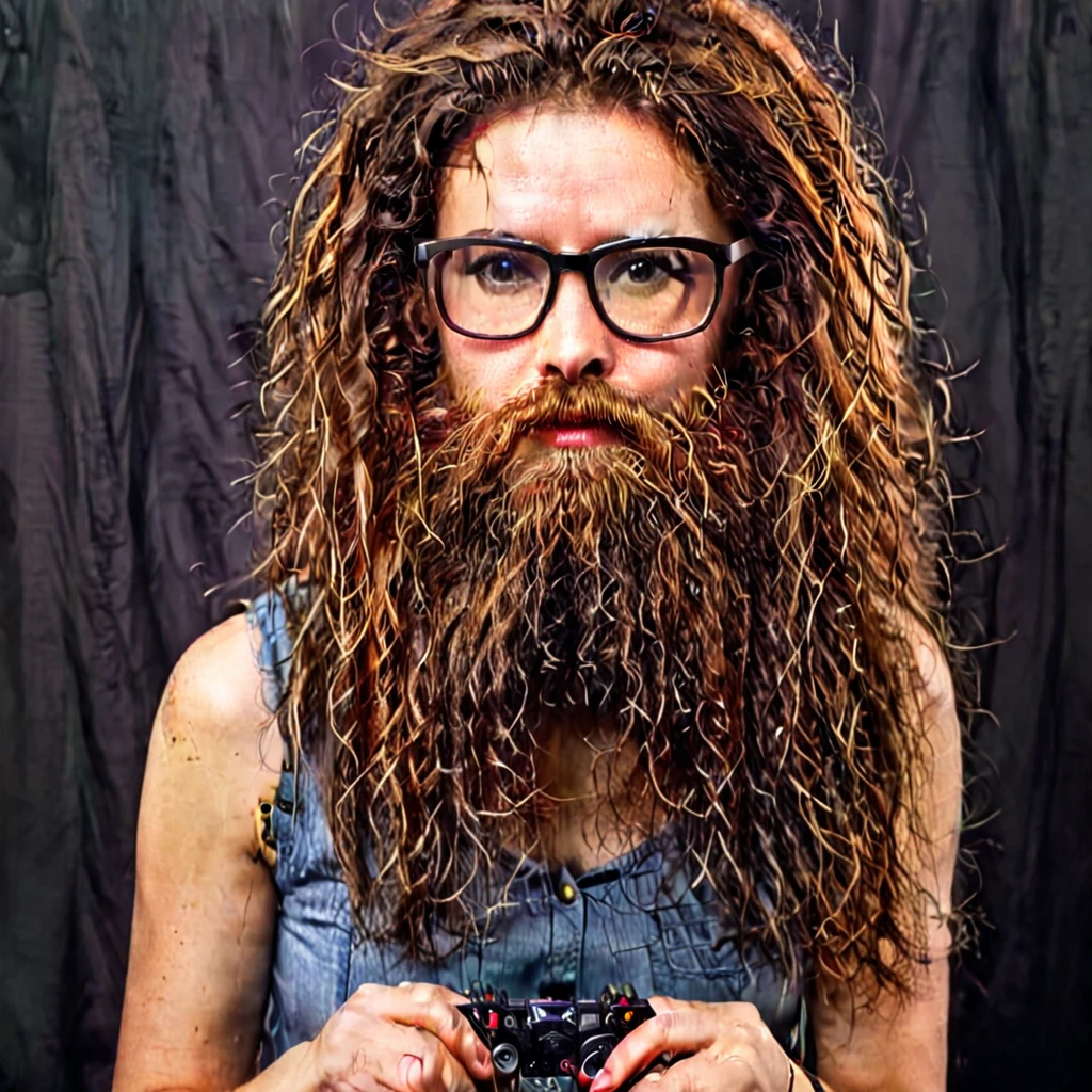 
bearded woman, long frizzy brown hair, wears glasses, geek nerd, plays video games