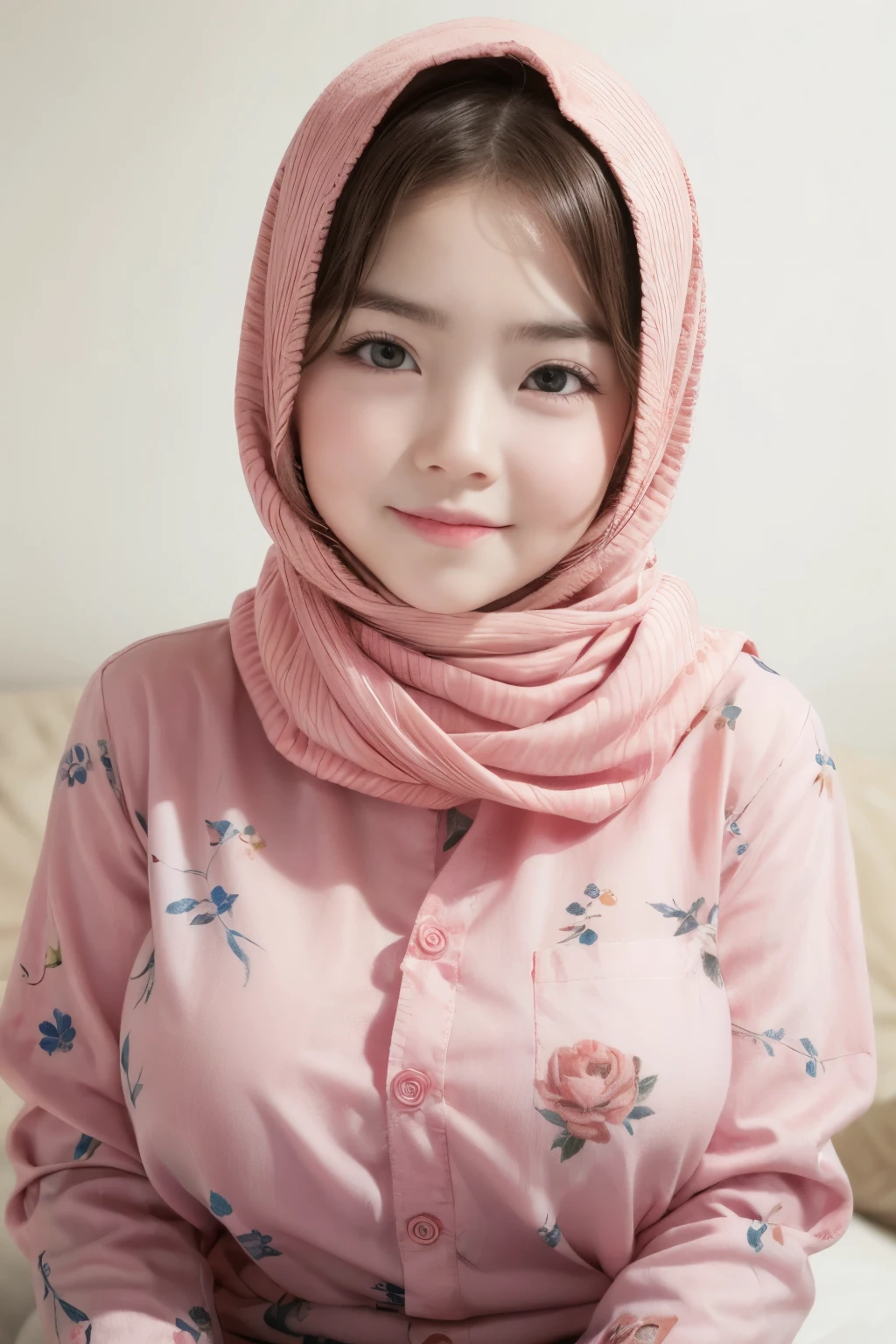 adorable, 1 girl, (face to face), , baby face, hf body portrait, (face details: 1), (eye details: 1), ((big breasts)). wearing transparent peach long shirt, hijab, .. Cute posed. proportional body. Ultra High Res. realistic: 1.4, UHD, (floral pattern)