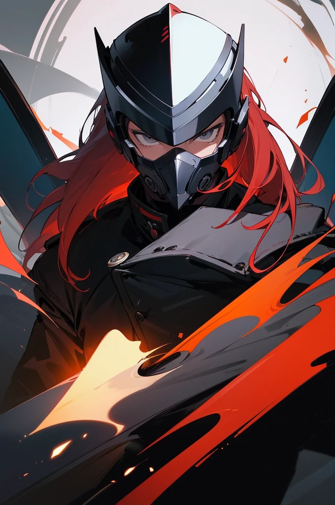 (((1 Adult man, 40 years))), ((Red hair)), ((grey eyes)), black turtleneck, black pants, Black background, Large assembly, a pumped-up body, ((half of the body, portrait)), good anatomy, (Detailed eyes, Even the eyes), serious look, predatory look, serious expression, black jacket, dynamic pose, military, captain, military helmet, armor padding , shades on face, wearing mask that covers head