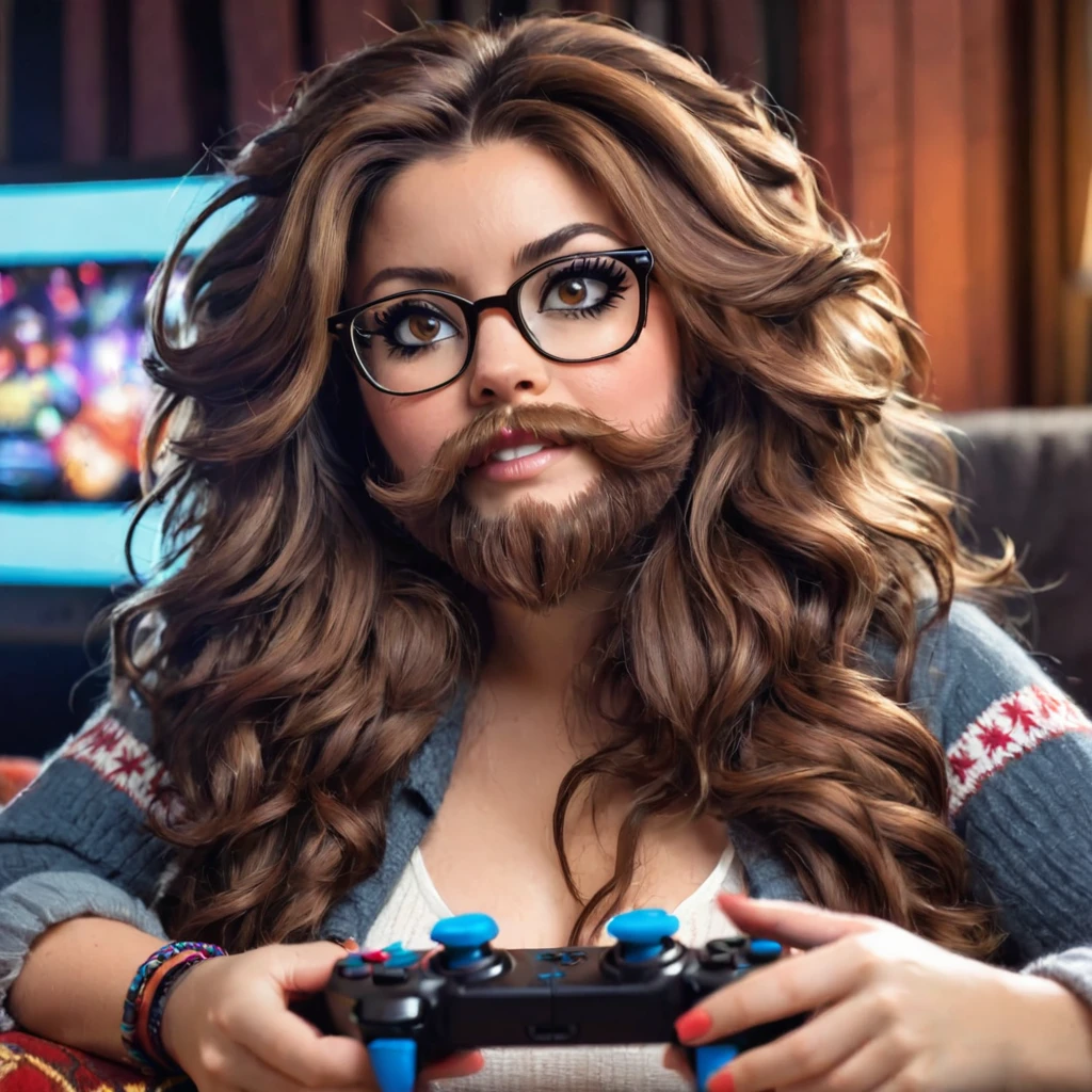 
bearded woman, long frizzy brown hair, wears glasses, geek nerd, plays video games