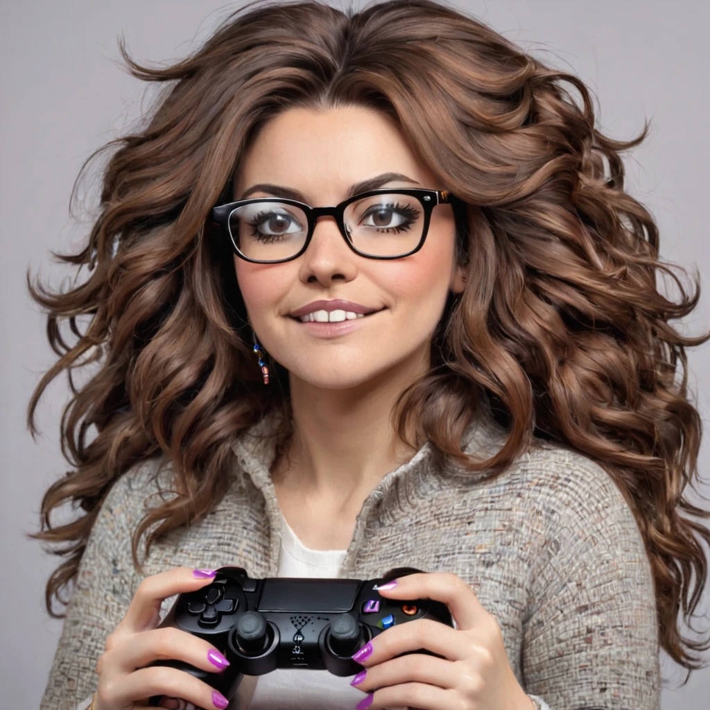 
bearded woman, long frizzy brown hair, wears glasses, geek nerd, plays video games