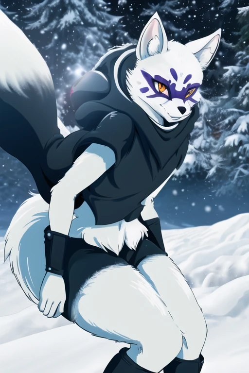 Alopex, arcticfox, tmnt, smile, orange eyes, girl1, solo, snow, black cloak, black shirt, tail, black shorts 