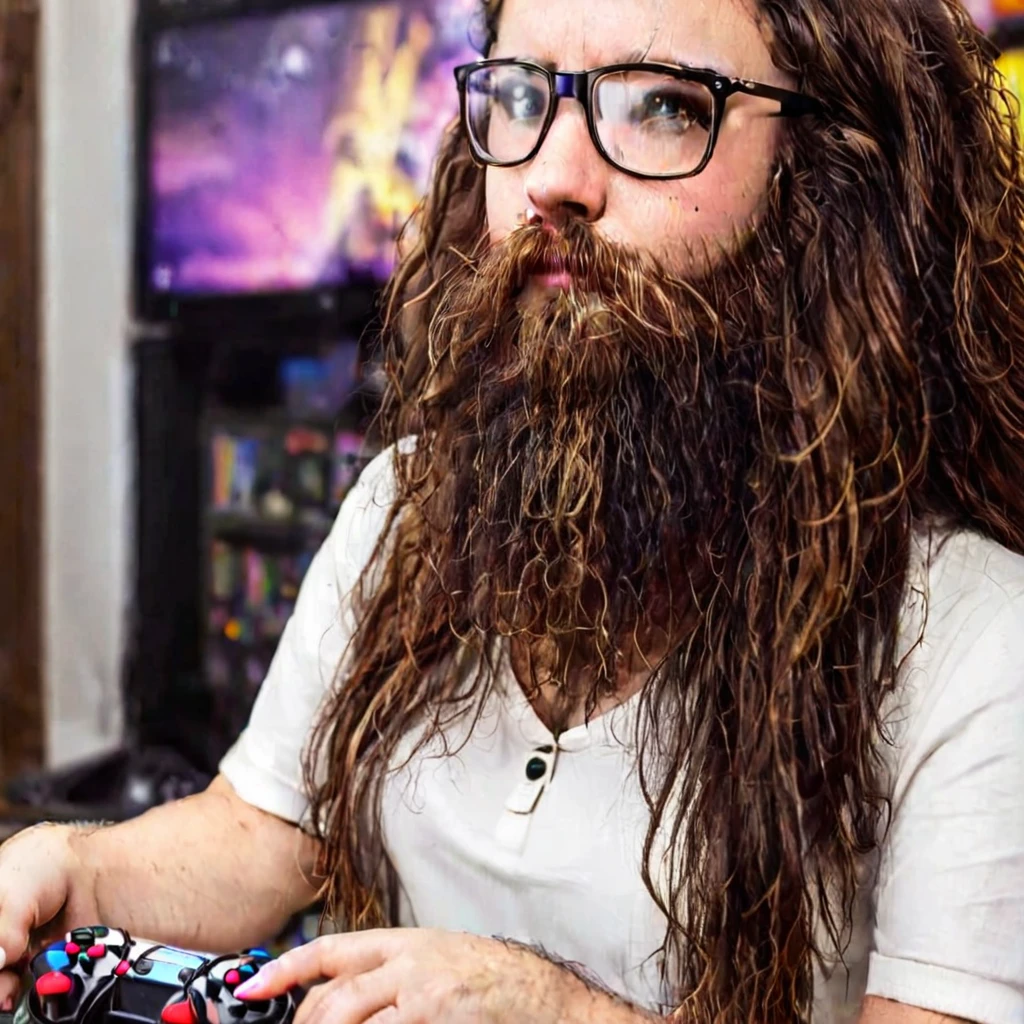 
bearded woman, long frizzy brown hair, wears glasses, geek nerd, plays video games