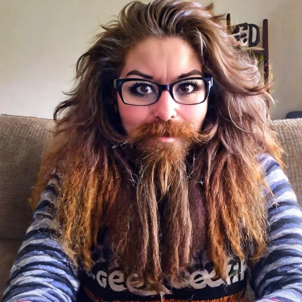 bearded woman, long frizzy brown hair, wears glasses, geek nerd, plays video games