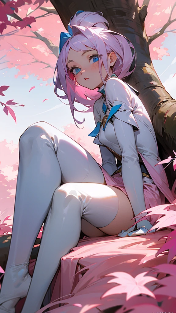 Une fille de 18ans avec des long cheveux blancs,Blue eyes,she sits at the foot of a giant tree with pink leaves in a plain