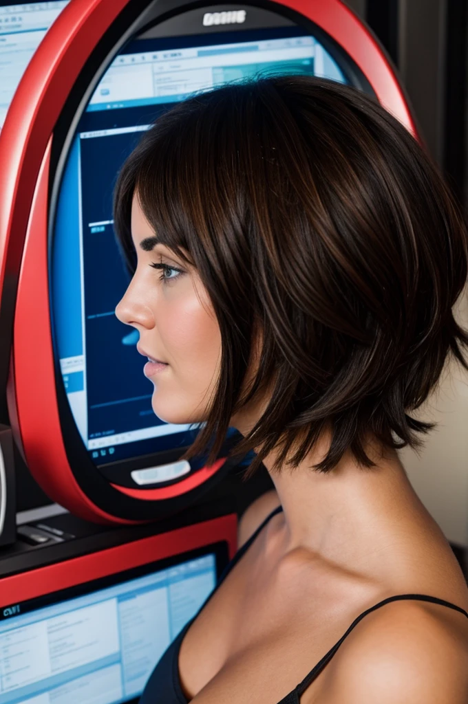 Short-haired brunette woman watching her first ultrasound 
