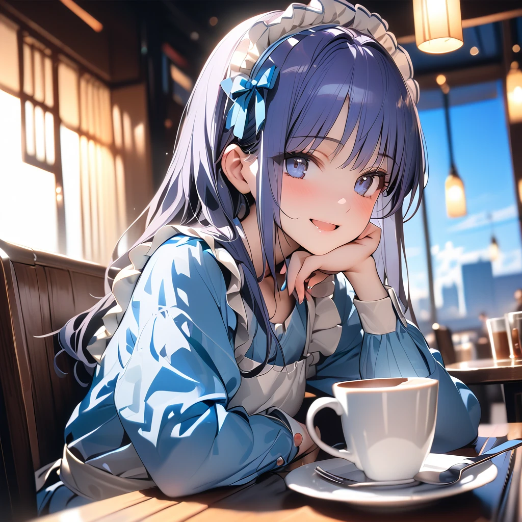 1girl,izayoi sakuya,touhou, smile open mouth,
(blue theme:1.7),gray eyes,maid outrift,sitting,looking at viewer,holding coffee cup, coffee,sweets, plate, fork, knife, table, chair, table,restaurant, (Depth of field, hdr, cinematic angle, cinematic lighting,backlighting,ray light,volumetric light,:1.5),(masterpiece:2),(best quality:2),(very aesthetic:1.2),(absurdres:1.2),(detailed background),newest,intricate,ai-generated,(masterpiece:1.2),(best quality:1.2),(absurdres:1.2),(detailed background),newest