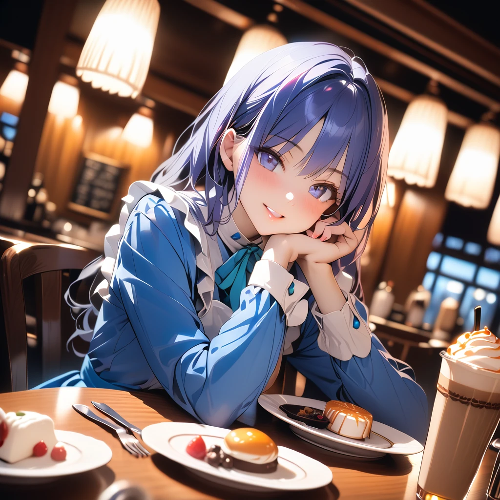 1girl,izayoi sakuya,touhou, smile open mouth,
(blue theme:1.7),gray eyes,maid outrift,sitting,looking at viewer,holding coffee cup, coffee,sweets, plate, fork, knife, table, chair, table,restaurant, (Depth of field, hdr, cinematic angle, cinematic lighting,backlighting,ray light,volumetric light,:1.5),(masterpiece:2),(best quality:2),(very aesthetic:1.2),(absurdres:1.2),(detailed background),newest,intricate,ai-generated,(masterpiece:1.2),(best quality:1.2),(absurdres:1.2),(detailed background),newest