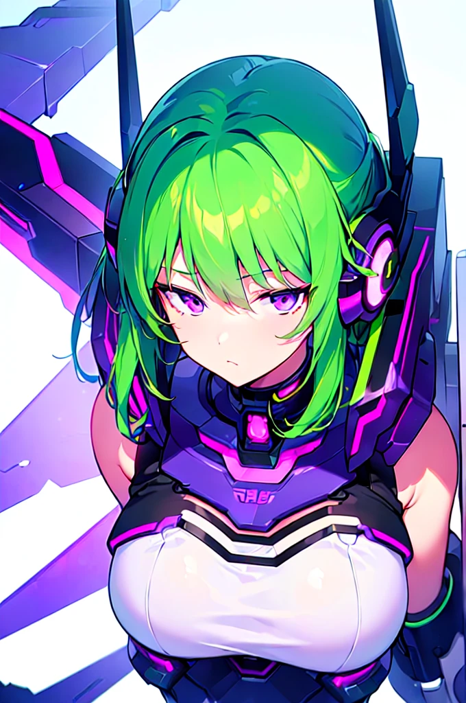 [(WHITE BACKGROUND:1.5),::5], ((((masterpiece)))), high quality, ultra very high resolution, full color, (((solo))), ((Mecha musume)), Mecha girl, ((Green hair)), (Purple eyes), anime, upper body, neon light, cyborg body, (Purple neon effect:1.2)