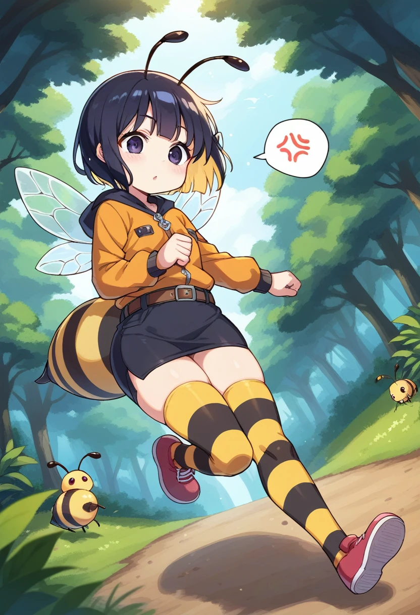 score_9, score_7_up, score_6_up, 1girl, source_cartoon, source_anime,breathtalking Scenery,watercolor,smooth soft skin, natural skin,anime screencap,mjm,rating_questionable,
BREAK
1girl,(solo:1.2),(hornet girl:1.4), bee girl,(little female child:1.3), (loli:1.3),6 yo, kawaii,baby face,small breast, cute face,oily skin,(Phat ass:0.8)
BREAK
(black bob cut:1.4),(yellow gradient hair:1.2),(yellow dip-dye hair:1.1),(black lob hair:1.2),ahoge,highlight on eyes,(nail_polish:1.1), black eyes,beautiful eyes, detailed eyes, puffy eyes,
BREAK
(bee antennae:1.3), (PVC material Extremely small bee wings:1.1), (bee wings:1.1),symmetry bee wings, anger vein,anguish,(spoken squiggle:1.5),
BREAK
belt buckle,jacket, zip up, (pencil Skirt:1.1),(yellow striped black stockings:1.3),pierce,chain accessory,punk rock, croped shirt
BREAK
isometric,dutch angle,(deep forest,dirty forest,darkness:1.2),(running:1.3),dynamic running,dynamicangle,In a secluded setting, surrounded by a dense forest, the bog lay hidden like a secret gem, its misty surface whispering tales of ancient times,misty,deep forest,