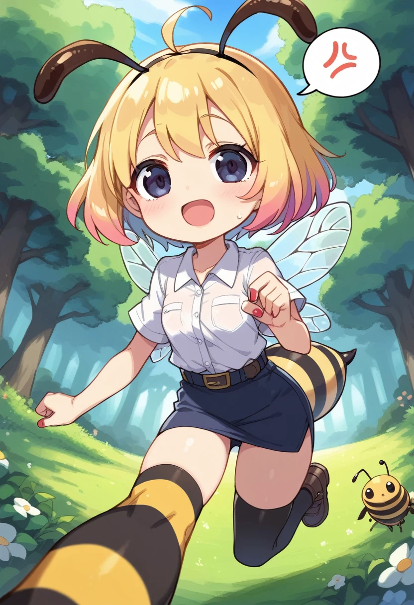 score_9, score_7_up, score_6_up, 1girl, source_cartoon, source_anime,breathtalking Scenery,watercolor,smooth soft skin, natural skin,anime screencap,mjm,rating_questionable,
BREAK
1girl,(solo:1.2),(hornet girl:1.4), bee girl,(little female child:1.3), (loli:1.3),6 yo, kawaii,baby face,small breast, cute face,oily skin,(Phat ass:0.8)
BREAK
(black bob cut:1.4),(yellow gradient hair:1.2),(yellow dip-dye hair:1.1),(black lob hair:1.2),ahoge,highlight on eyes,(nail_polish:1.1), black eyes,beautiful eyes, detailed eyes, puffy eyes,
BREAK
(bee antennae:1.3), (PVC material Extremely small bee wings:1.1), (bee wings:1.1),symmetry bee wings, anger vein,anguish,(spoken squiggle:1.5),
BREAK
belt buckle,jacket, zip up, (pencil Skirt:1.1),(yellow striped black stockings:1.3),pierce,chain accessory,punk rock, croped shirt
BREAK
isometric,dutch angle,(deep forest,dirty forest,darkness:1.2),(running:1.3),dynamic running,dynamicangle,In a secluded setting, surrounded by a dense forest, the bog lay hidden like a secret gem, its misty surface whispering tales of ancient times,misty,deep forest,
