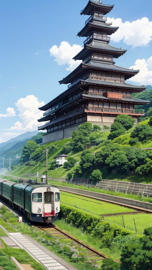 Central Japan train、Japan countryside、Cinematic scenery、Ghibli、during daytime、Clouds,masutepiece,Best Quality,Sketch style、