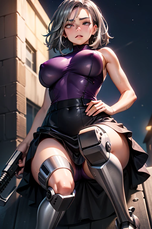 (Very detailed,Highest quality,4K,8K,High resolution,masterpiece:1.2),(Perfect hands,Perfect Legs),(Realistic,photoRealistic,photo-Realistic:1.37),One Woman,Nagant,Calm expression,Beautiful Face,(((Purple medium hair:1.3))),
((Black sleeveless wetsuit top)),((Black long skirt)),(((Both legs below the knees are silver prosthetics:1.5))),
Beautifully detailed sweat glands,Smooth skin texture,Carefully drawn,(Big Breasts),Sticky with sweat,Hold a long sniper rifle,In a sexy pose,
My Hero Academia,Outdoor,rooftop,night,