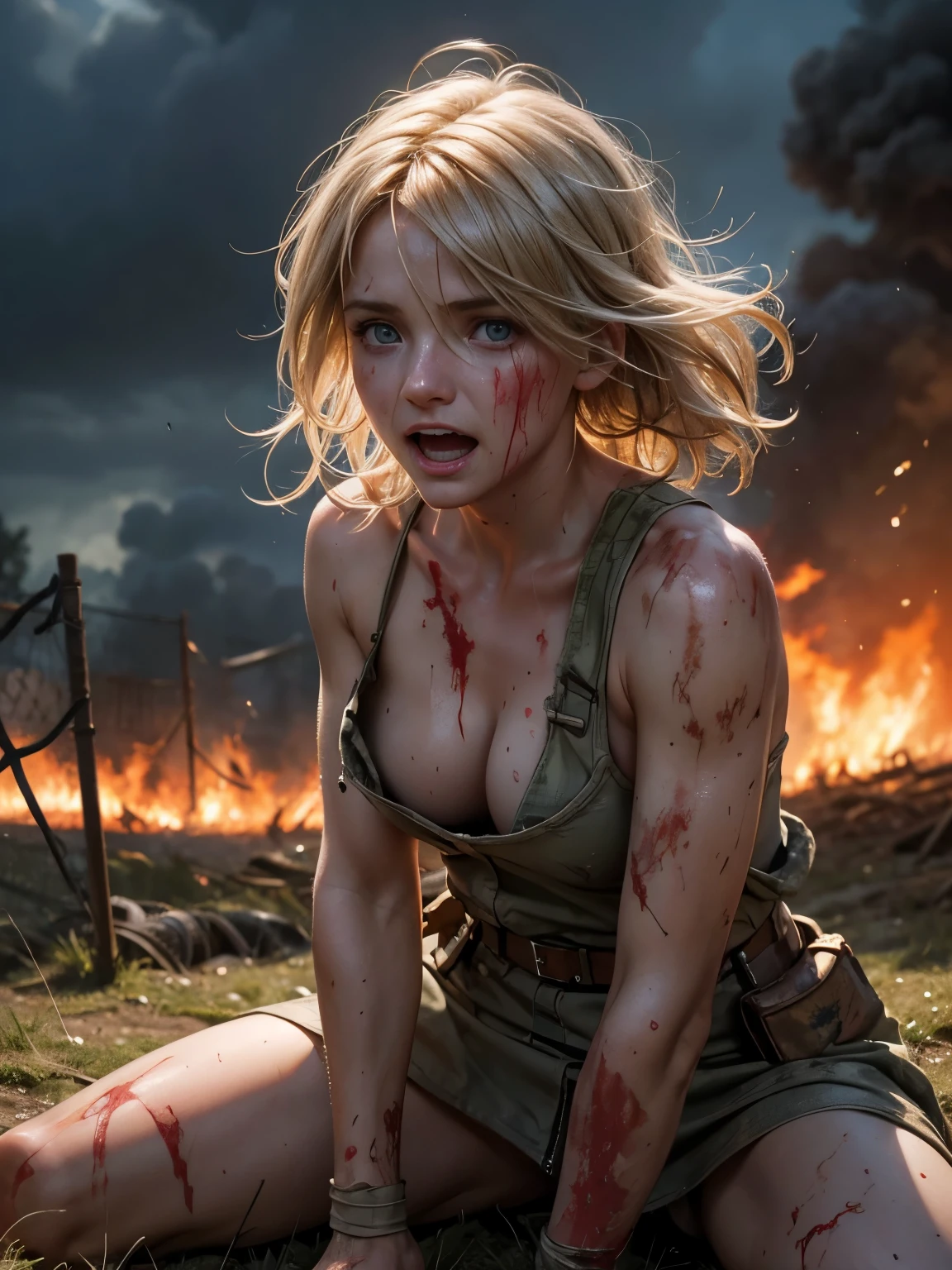 Helen Skelton, First World War no-man's land, close-up action shot from ground level, naked British soldier, crazed expression, sweating, damp blonde hair, bloodied and bruised, barbed wire, on a bloody battlefield, explosions, fires