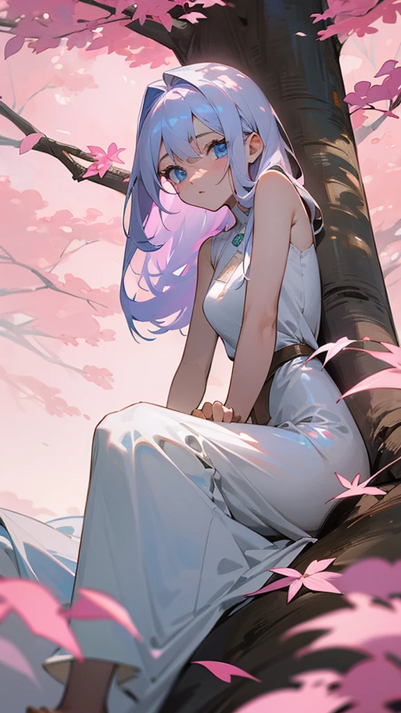 Une fille de 18ans avec des long cheveux blancs,Blue eyes,she sits at the foot of a giant tree with pink leaves in a plain