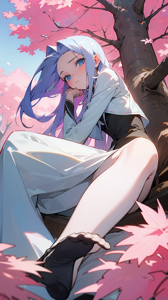 Une fille de 18ans avec des long cheveux blancs,Blue eyes,she sits at the foot of a giant tree with pink leaves in a plain
