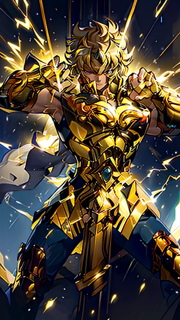 Gold Armor, 4K image, assembly, best quality, masterpiece, movie lighting ,action,In battle,anger,noble,light beam from hand,Golden lightning surrounds,silver hair,Saint Seiya Leo Aiolia,Black Eyes