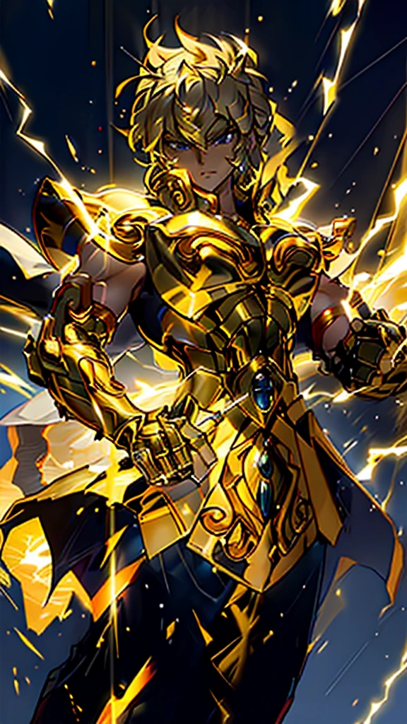 Gold Armor, 4K image, assembly, best quality, masterpiece, movie lighting ，action，In battle，anger，noble，light beam from hand，Golden lightning surrounds，silver hair，Saint Seiya Leo Aiolia，Black Eyes