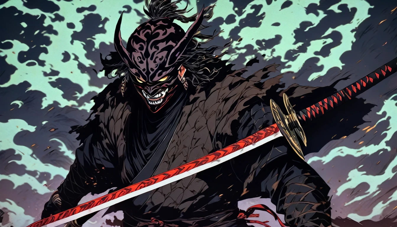 demon mask, sword on the hand,close up, black heavy detailed clothes, hand katana, art, dark and malevolent, hand sword, armor, powerful and intimidating, (masterpiece, best quality, ultra-detailed, best shadow), (detailed background, dark fantasy) dramatic light, intricate details, dark and malevolent, powerful and intimidating, Dark and foreboding, malevolent force, sinister and chilling, armor, high detailed background, girl in demon slayer art, demon slayer art style, epic anime art, God death
