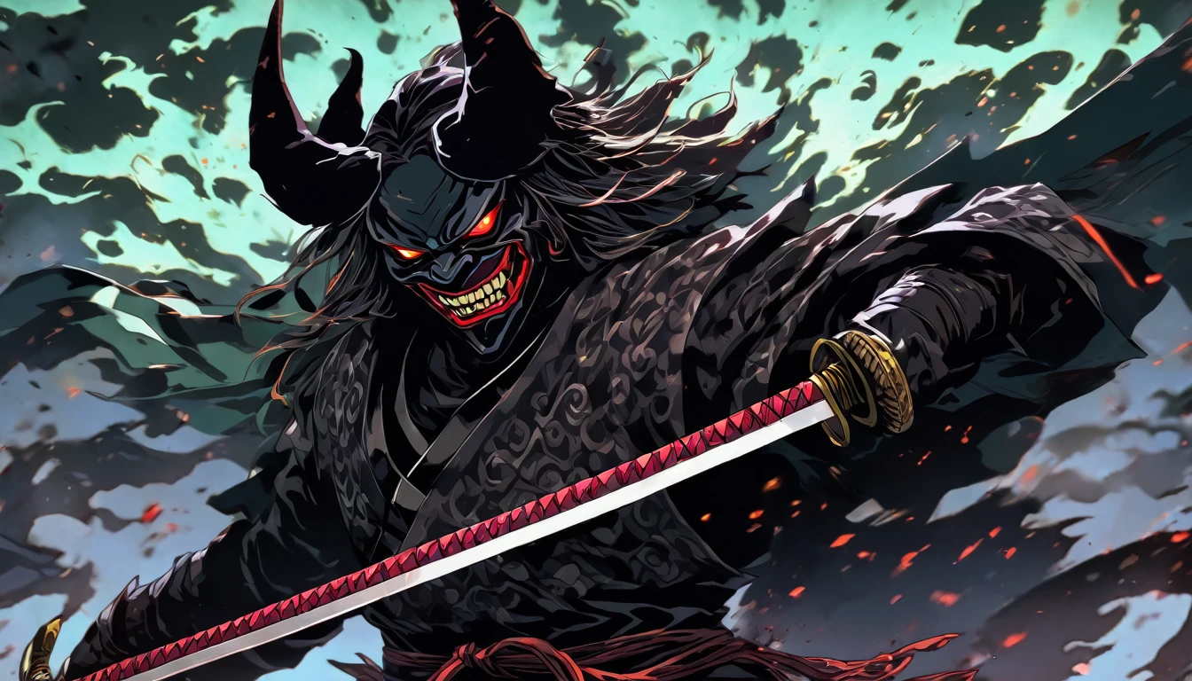 demon mask, sword on the hand,close up, black heavy detailed clothes, hand katana, art, dark and malevolent, hand sword, armor, powerful and intimidating, (masterpiece, best quality, ultra-detailed, best shadow), (detailed background, dark fantasy) dramatic light, intricate details, dark and malevolent, powerful and intimidating, Dark and foreboding, malevolent force, sinister and chilling, armor, high detailed background, girl in demon slayer art, demon slayer art style, epic anime art, God death