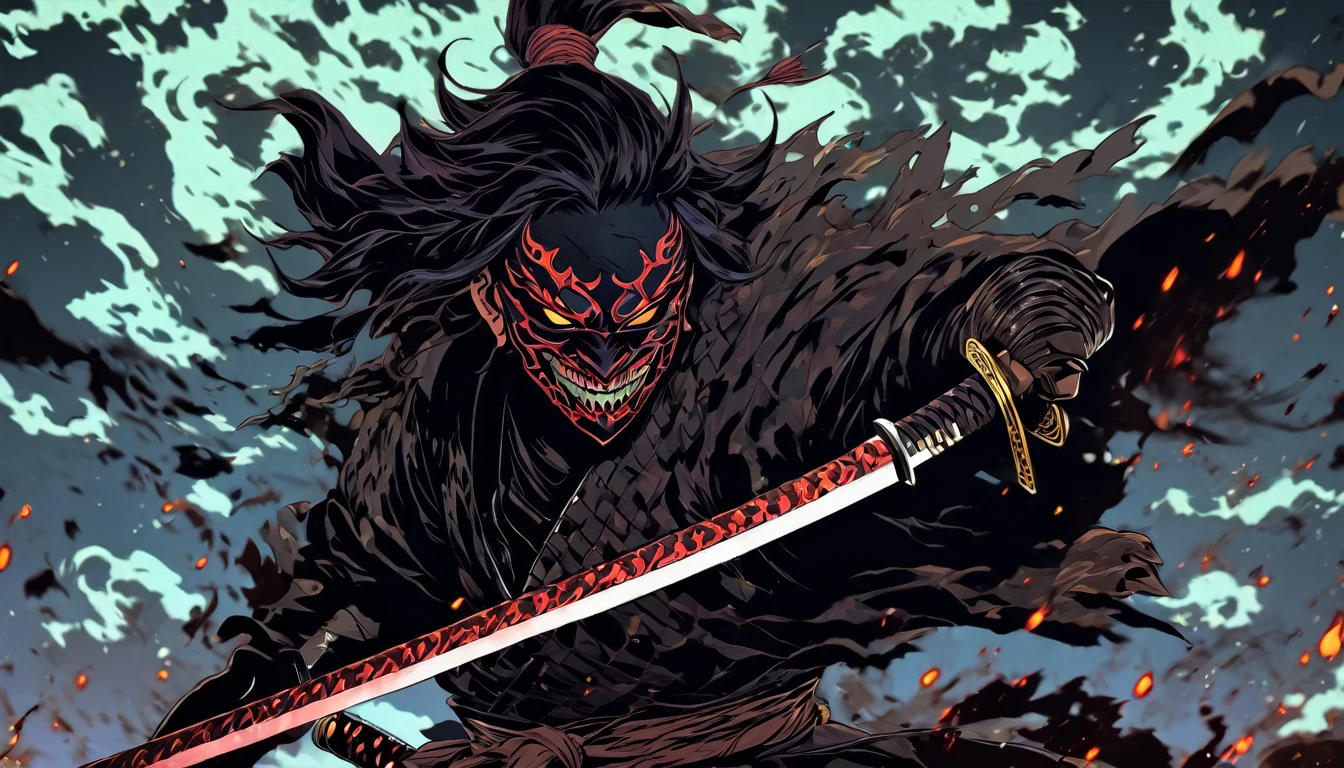 demon mask, sword on the hand,close up, black heavy detailed clothes, hand katana, art, dark and malevolent, hand sword, armor, powerful and intimidating, (masterpiece, best quality, ultra-detailed, best shadow), (detailed background, dark fantasy) dramatic light, intricate details, dark and malevolent, powerful and intimidating, Dark and foreboding, malevolent force, sinister and chilling, armor, high detailed background, girl in demon slayer art, demon slayer art style, epic anime art, God death