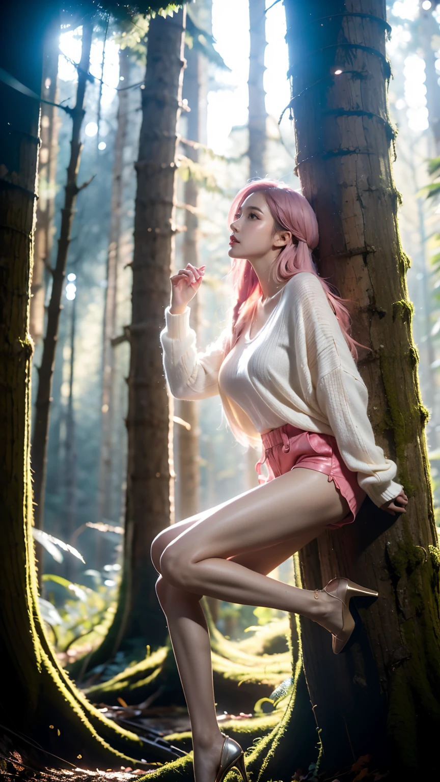 Best quality，masterpiece，16K，A girl，Wearing a sweater，shorts，White Silk，High heel，Pink Hair，Brown eyes，Delicate face，Big breasts，Girl Pose，In the dense woods，side，Hands on the tree trunk，One foot is raised back，Looking at the camera，glow，Tyndall effect，High light-dark contrast