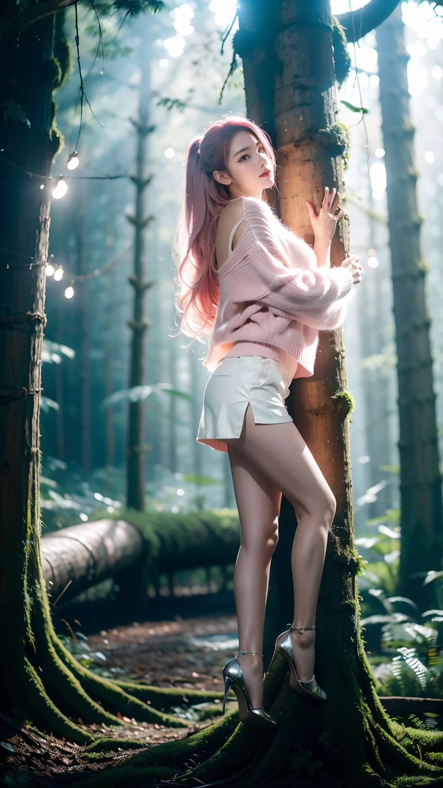 Best quality，masterpiece，16K，A girl，Wearing a sweater，shorts，White Silk，High heel，Pink Hair，Brown eyes，Delicate face，Big breasts，Girl Pose，In the dense woods，side，Hands on the tree trunk，One foot is raised back，Looking at the camera，glow，Tyndall effect，High light-dark contrast