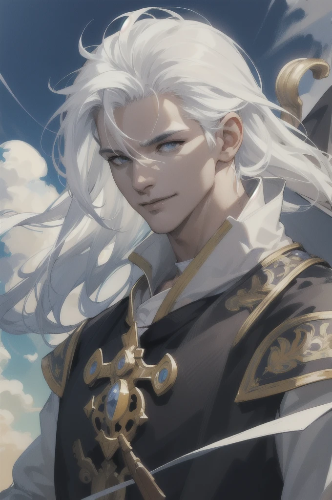 (absurdres, highres, ultra detailed), 1 male, mature, manly, tall muscular, handsome, finely detailed eyes, intricate details, portrait, (bloody scars:0.7), looking down, solo, close up, detailed background, (none background :1.1), determined smile, battle cleric, hovering in air, bright cloud, bright realistic lighting,hair blowing in wind, white eyes, white hair