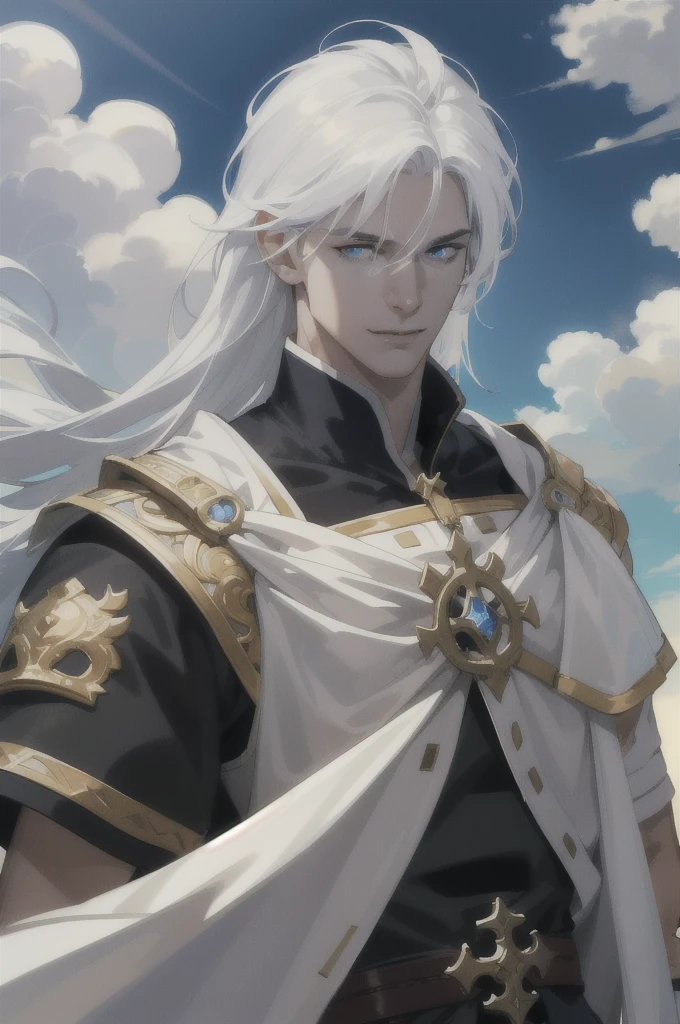 (absurdres, highres, ultra detailed), 1 male, mature, manly, tall muscular, handsome, finely detailed eyes, intricate details, portrait, (bloody scars:0.7), looking down, solo, close up, detailed background, (none background :1.1), determined smile, battle cleric, hovering in air, bright cloud, bright realistic lighting,hair blowing in wind, white eyes, white hair